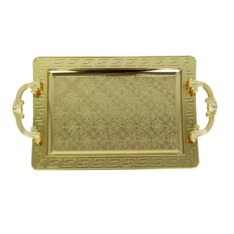PLATEAU DECO RECTANGULAIRE METAL 42X25 CM AVEC POIGNEES MODELE OR 