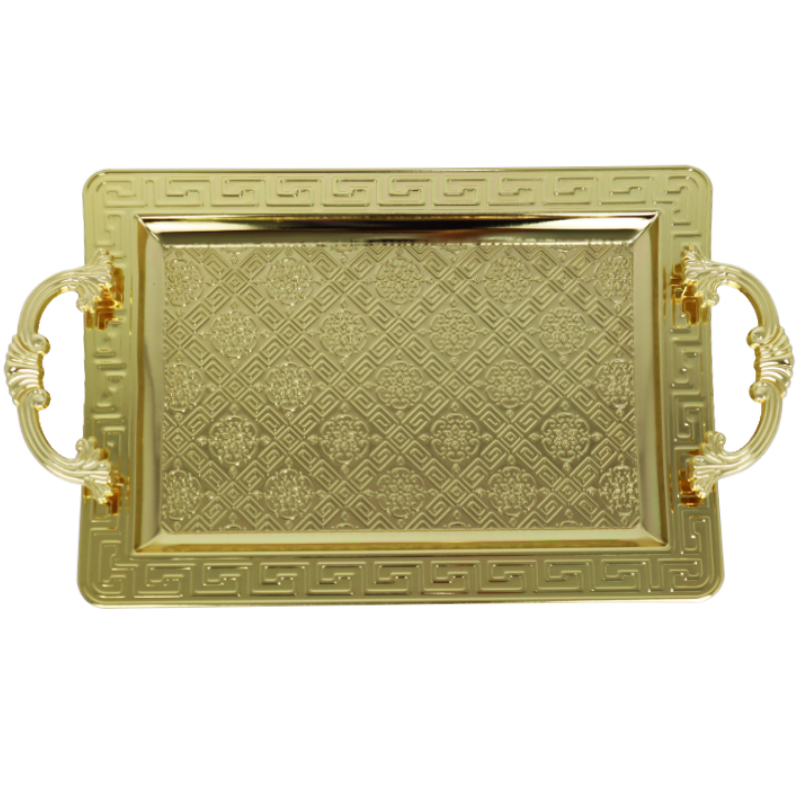 PLATEAU DECO RECTANGULAIRE METAL 52X32 CM AVEC POIGNEES MODELE OR 