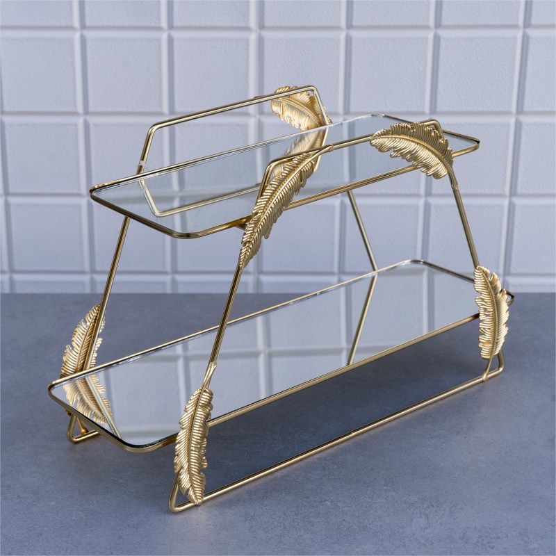PLATEAU PRESENTATION DECO FEUILLE 2 NIVEAUX MODELE OR- 25 * 41 * 14 cm 