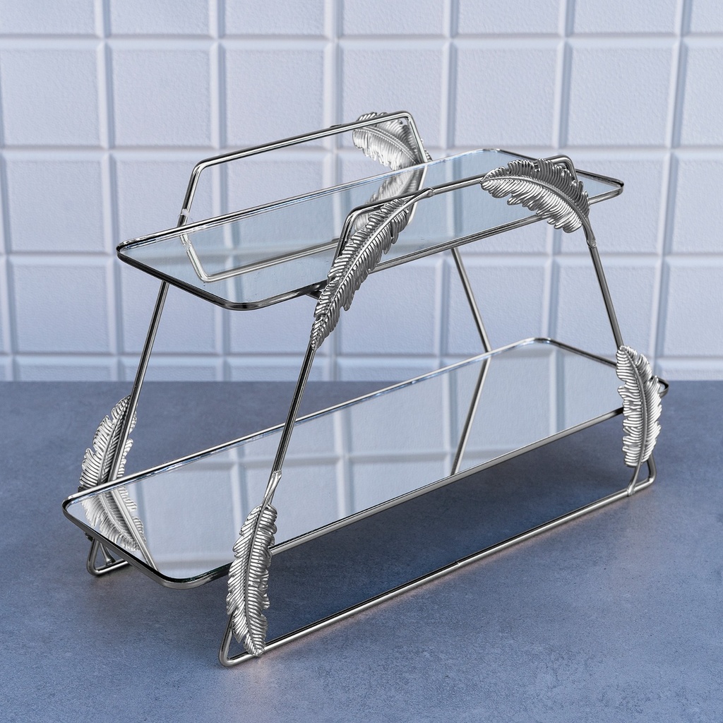 PLATEAU PRESENTATION DECO FEUILLE 2 NIVEAUX MODELE ARGENT - 25 * 41 * 14 cm