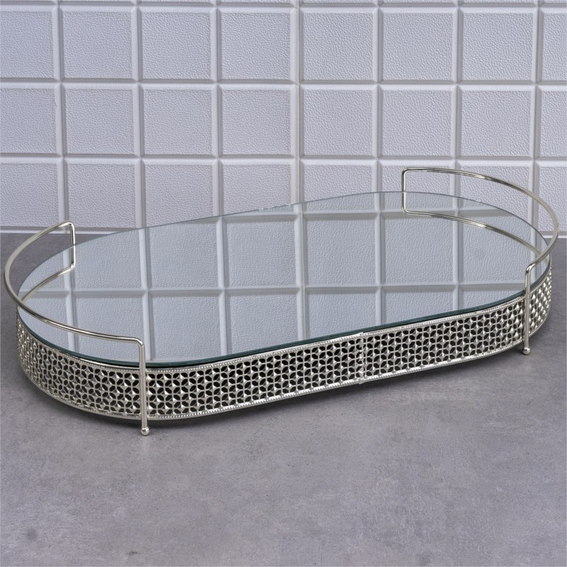 PLATEAU PRESENTATION DECO PYRAMIDE OVAL 53X28X9 CM MODELE ARGENT