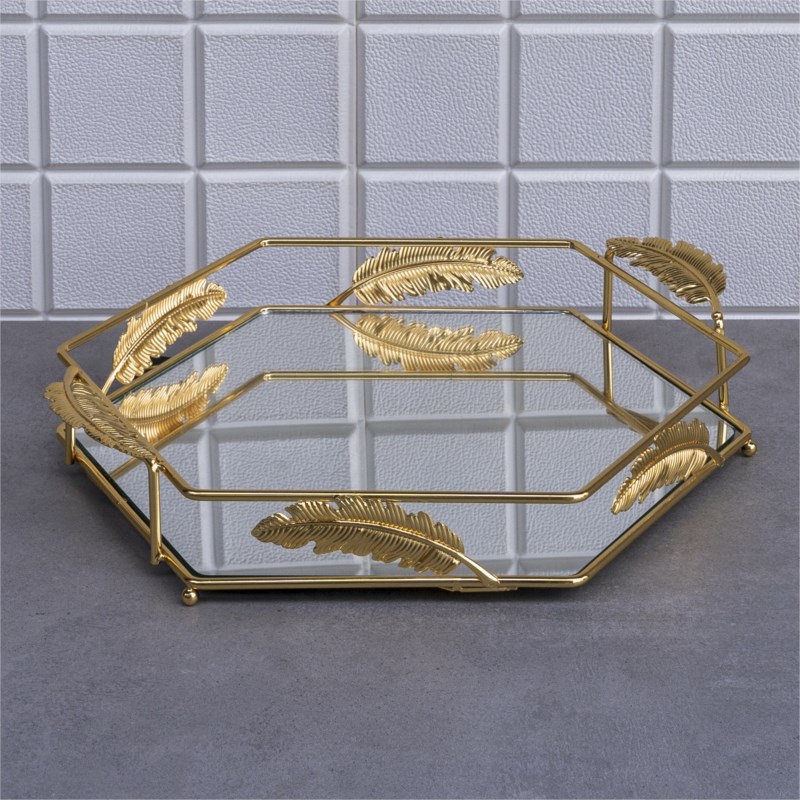PLATEAU DECO FEUILLE HEXAGONE MODELE OR 34 * 29 * 4 cm
