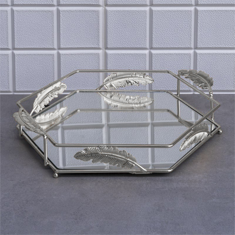 PLATEAU DECO FEUILLE HEXAGONE MODELE ARGENT - 34 * 37 *4 cm