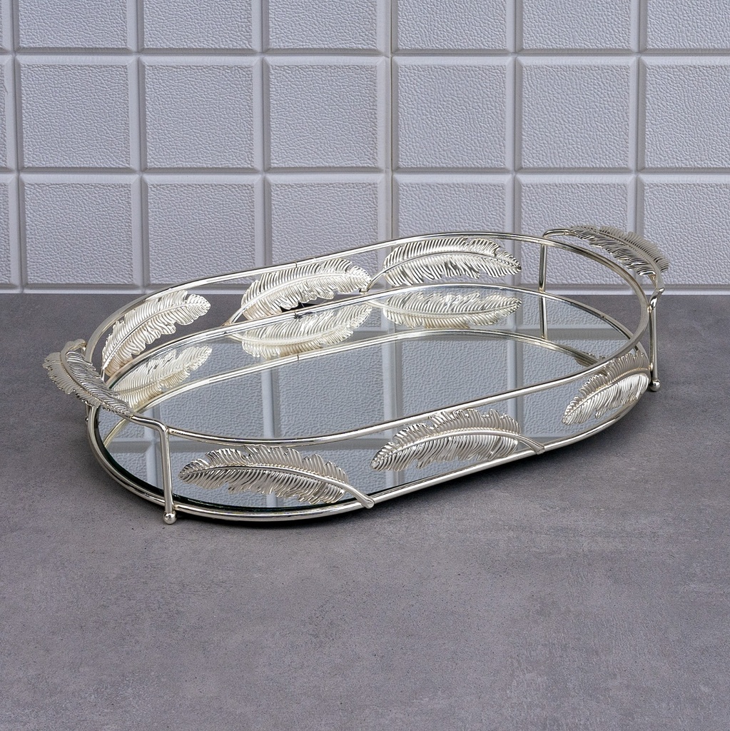PLATEAU DECO FEUILLE OVAL 42X24X6 CM MODELE ARGENT
