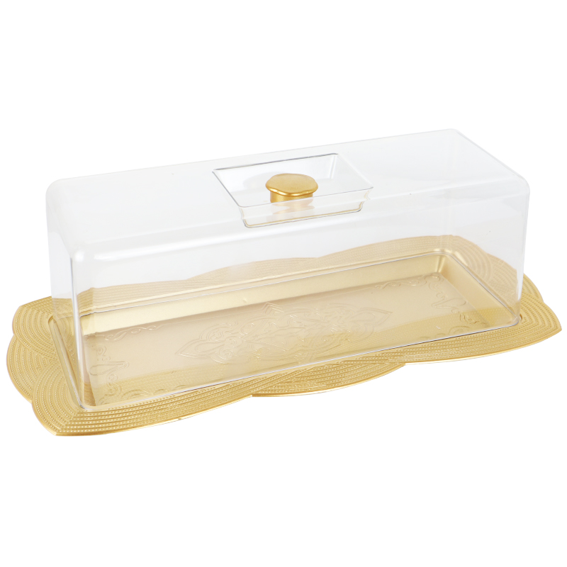 BOITE A GATEAU AVEC COUVERCLE TRANSPARENT PLASTIQUE MODELE OR - 38 * 17 * 14 cm