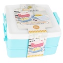 BOITE A DEJEUNER 2 NIVEAUX 15X15X9 CM  MIX BLEU/ROSE/VIOLET