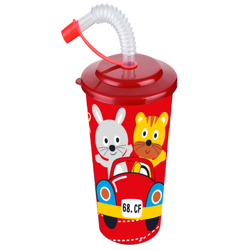 GOBELET PLASTIQUE 600  ML AVEC PAILLE MIX ROSE/BLEU/ROUGE