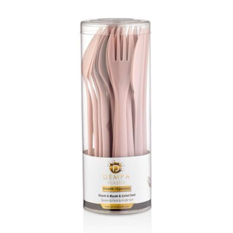 SET 18 PIECES CUILLERES/FOURCHETTES/COUTEAUX EN PLASTIQUE MIX GRIS/ROSE