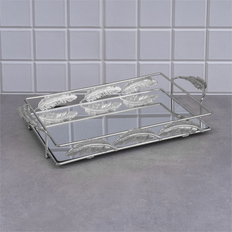 PLATEAU DECO FEUILLE RECTANGULAIRE  41X24X6 cm MODELE ARGENT