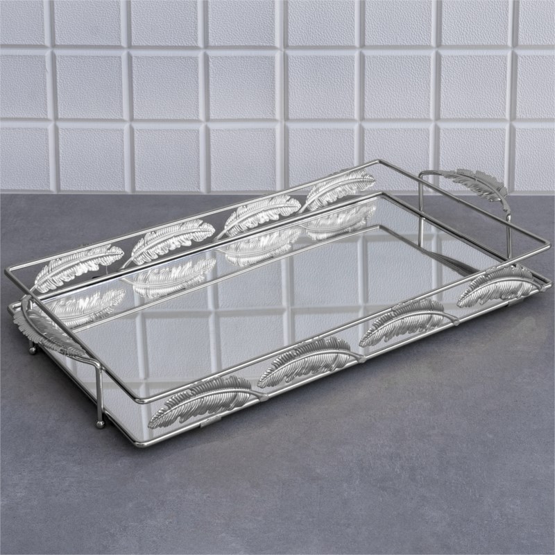 PLATEAU DECO FEUILLE RECTANGULAIRE  53X27X7 cm MODELE ARGENT