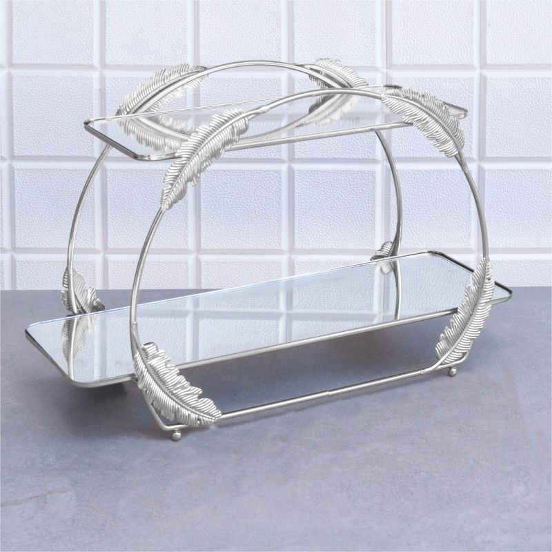 PLATEAU PRESENTATION DECO FEUILLE 2 NIVEAUX  25X41X14 cm MODELE ARGENT