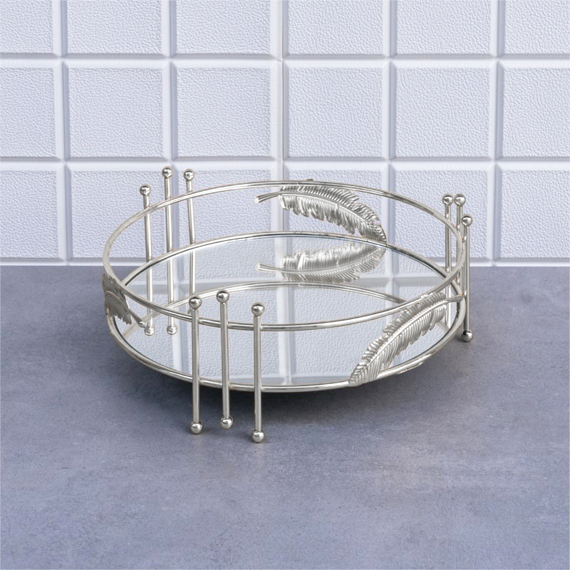 PLATEAU DECO FEUILLE ROND 25 CM MODELE ARGENT