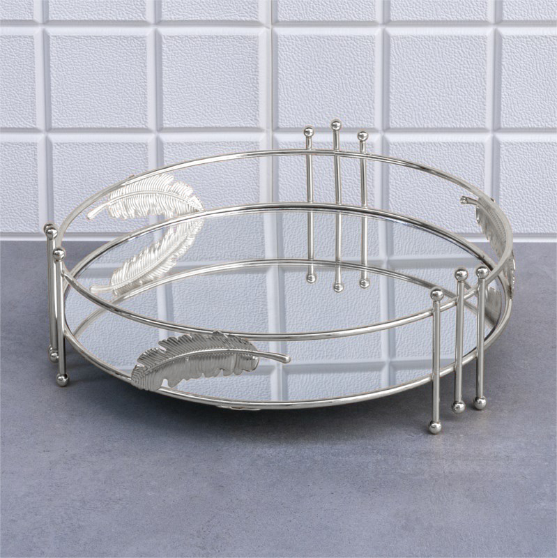 PLATEAU DECO FEUILLE ROND 30 CM MODELE ARGENT