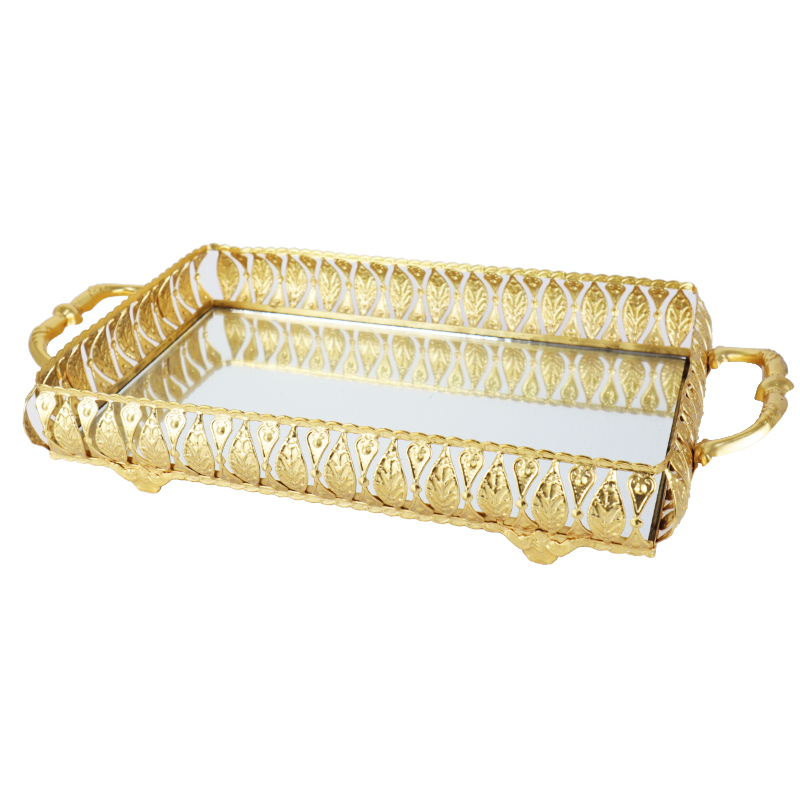 PLATEAU DECO RECTANGULAIRE METAL MODELE OR 32X19X7 CM - MIX 3 DESIGNS