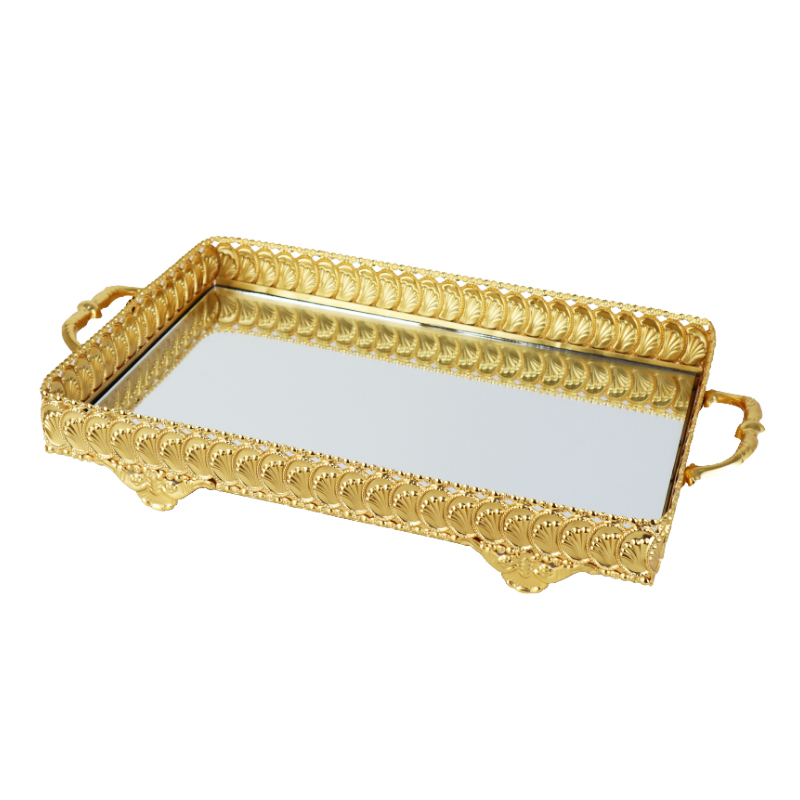 PLATEAU DECO RECTANGULAIRE METAL MODELE OR 39X26X8 CM - MIX 3 DESIGNS