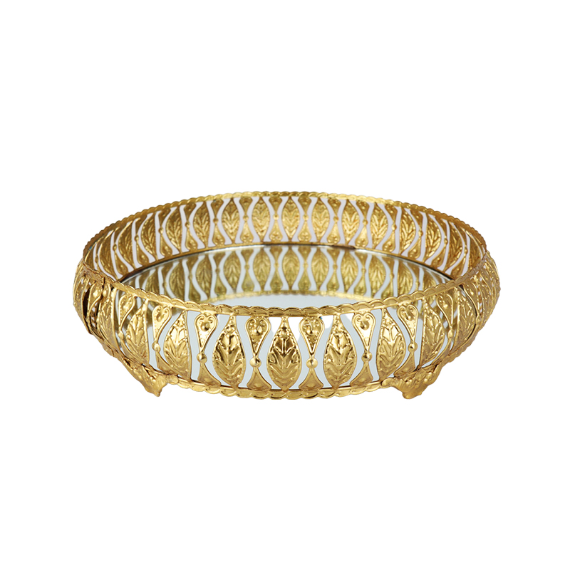 PLATEAU ROND DECO METAL MODELE OR 20 CM - MIX 3 DESIGNS 