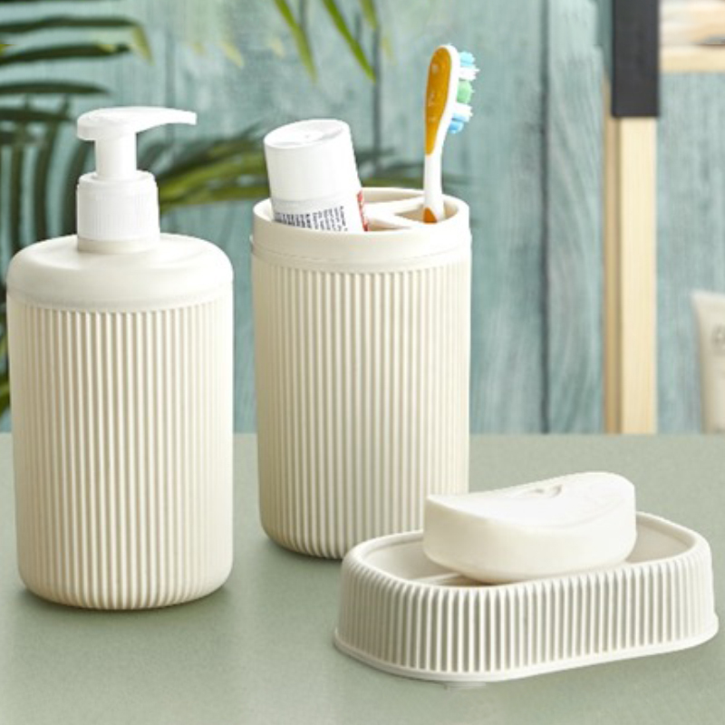 SET 3 PIECES PORTE SAVON + PORTE BROSSES + DISTRIBUTEUR SAVON MIX GRIS/BEIGE/CREME