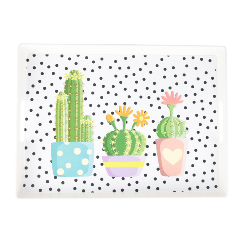 PLATEAU DECO PLASTIQUE 38X28 CM MIX BLANC NOIR  DESIGN CACTUS
