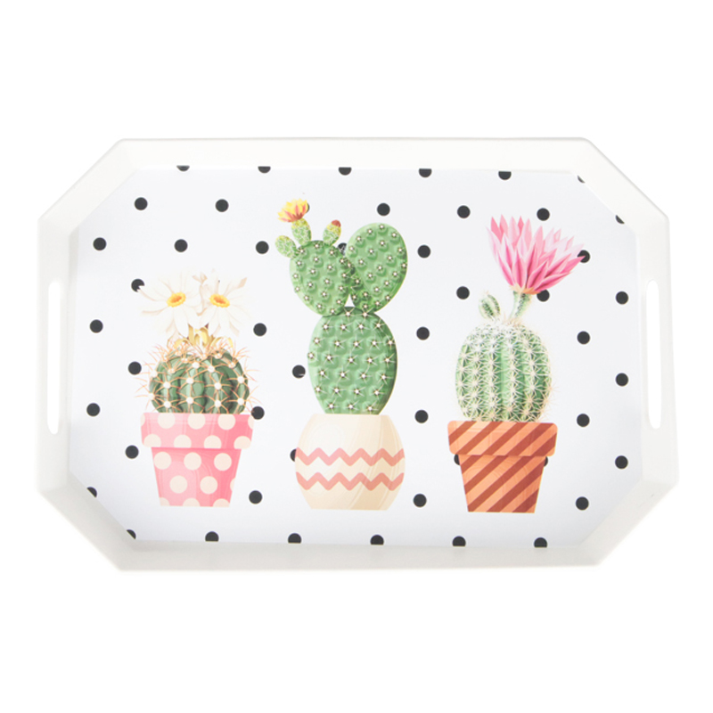 PLATEAU DECO PLASTIQUE OCTOGONAL 38X28 CM MIX BLANC NOIR  DESIGN CACTUS