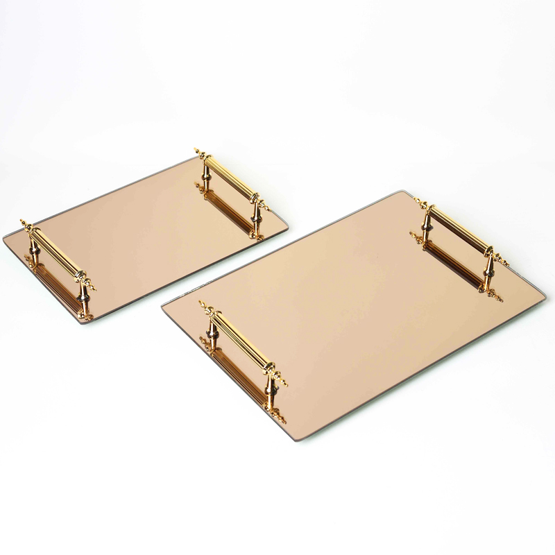 SET 2 PLATEAU DECO MIRROIR POIGNEE OR 26X17 CM + 33X23 CM 