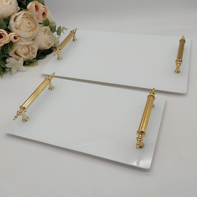 SET 2 PLATEAU DECO VERRE BLANC POIGNEE OR 26X17 CM + 33X23 CM 