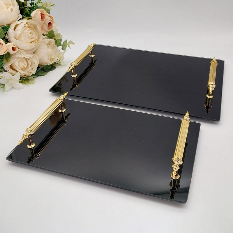 SET 2 PLATEAU DECO VERRE NOIR POIGNEE OR 26X17 CM + 33X23 CM 