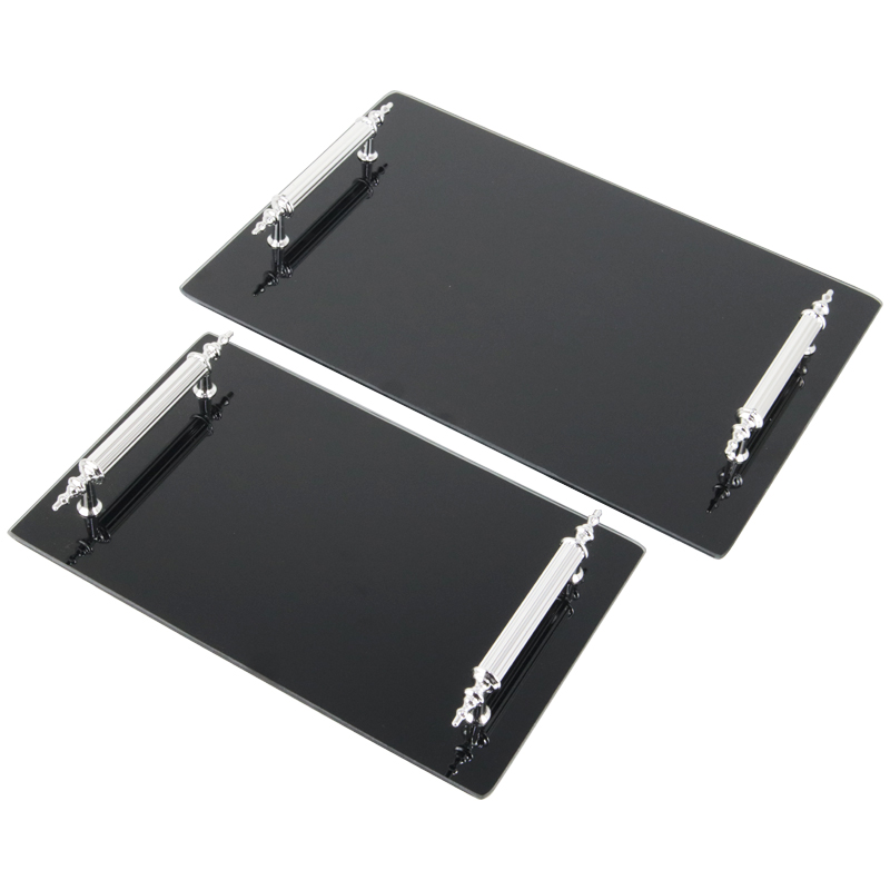 SET 2 PLATEAU DECO VERRE NOIR POIGNEE ARGENT 26X17 CM + 33X23 CM 