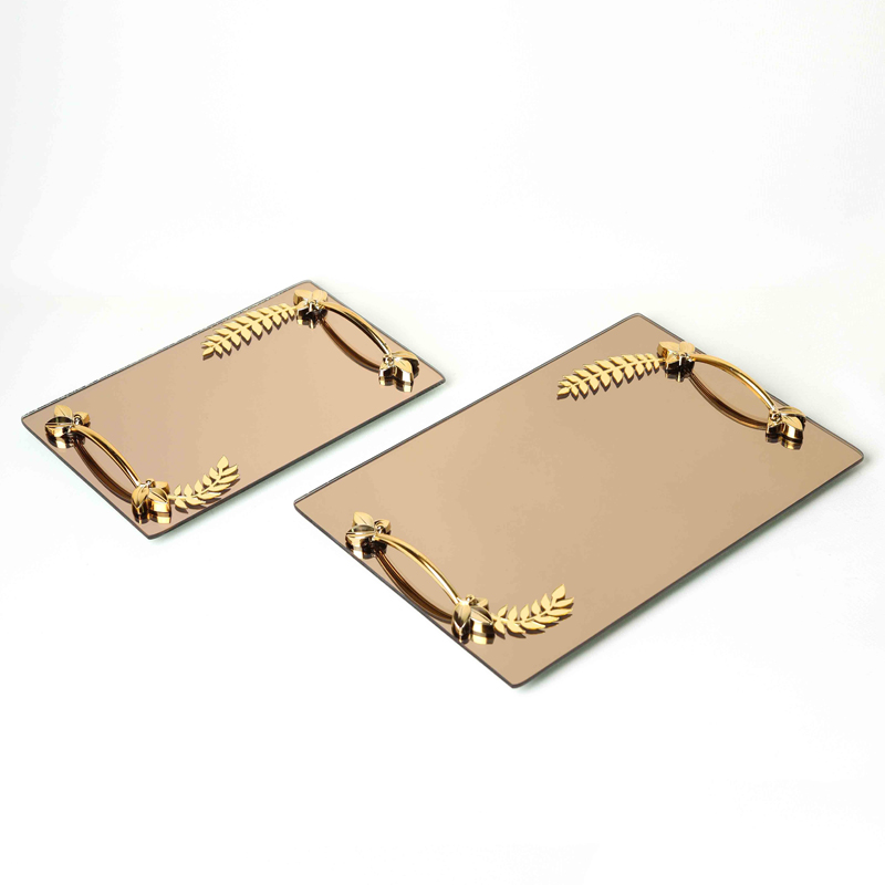 SET 2 PLATEAU DECO MIRROIR POIGNEE OR 26X17 CM + 33X23 CM DESIGN FEUILLE