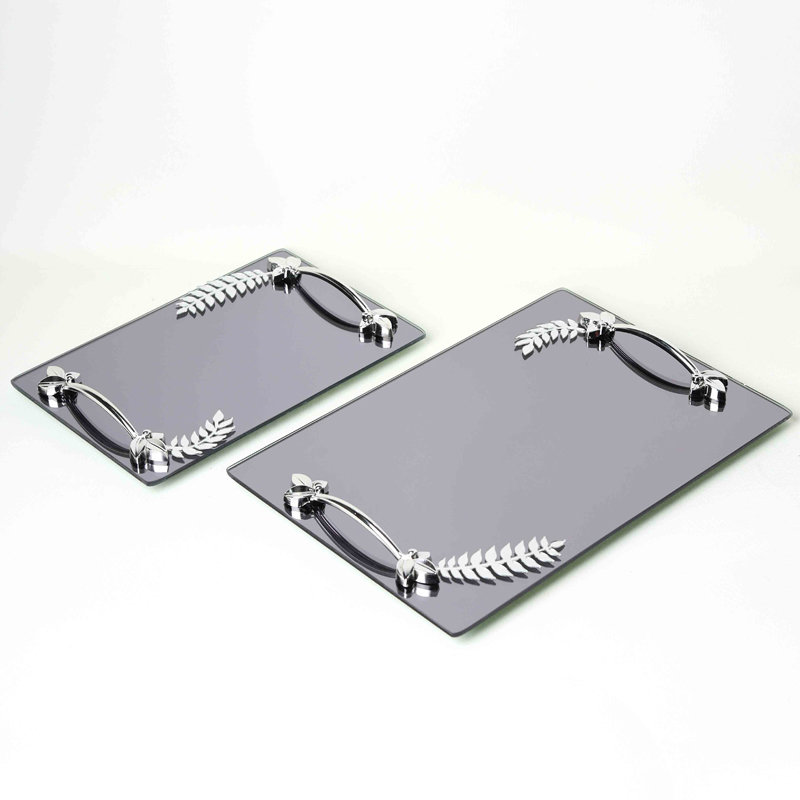 SET 2 PLATEAU DECO MIRROIR POIGNEE ARGENT 26X17 CM + 33X23 CM DESIGN FEUILLE