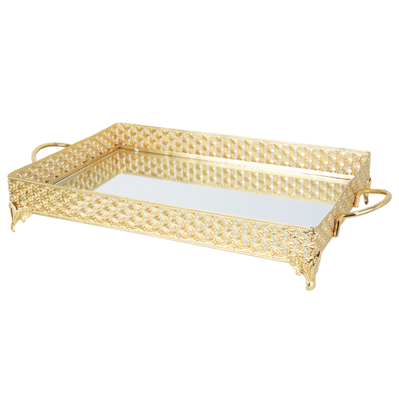 PLATEAU DECO METAL RECTANGULAIRE MODELE OR 43X33X8 CM 