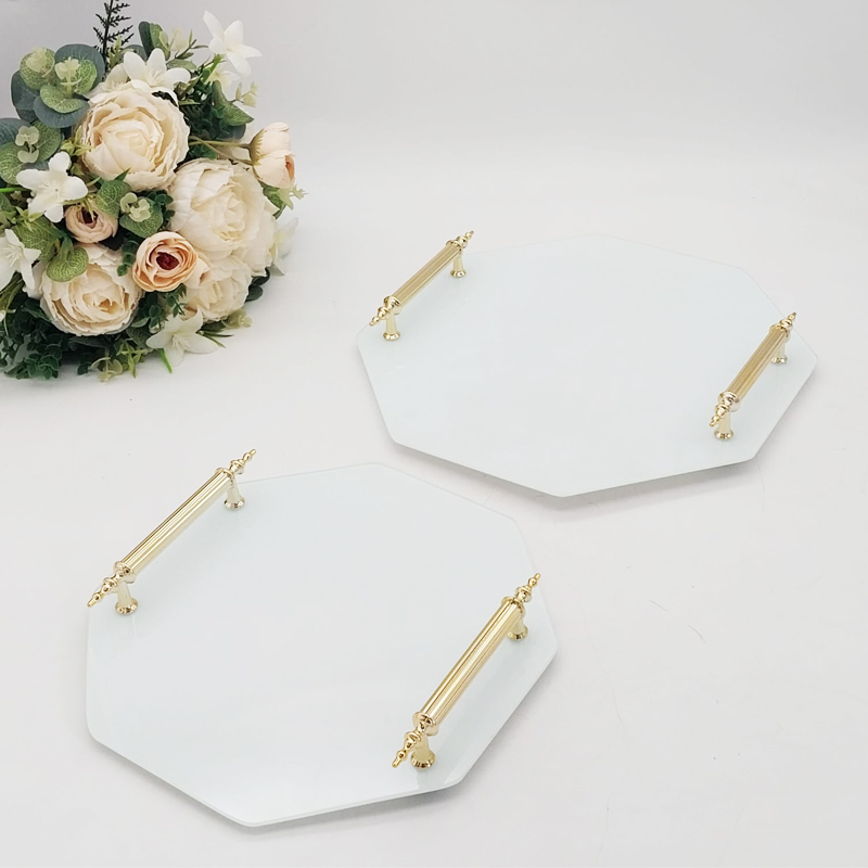 SET 2 PIECES PLATEAUX OCTOGONAL VERRE  AVEC POIGNEE OR MODELE BLANC 25 CM - 30 CM 