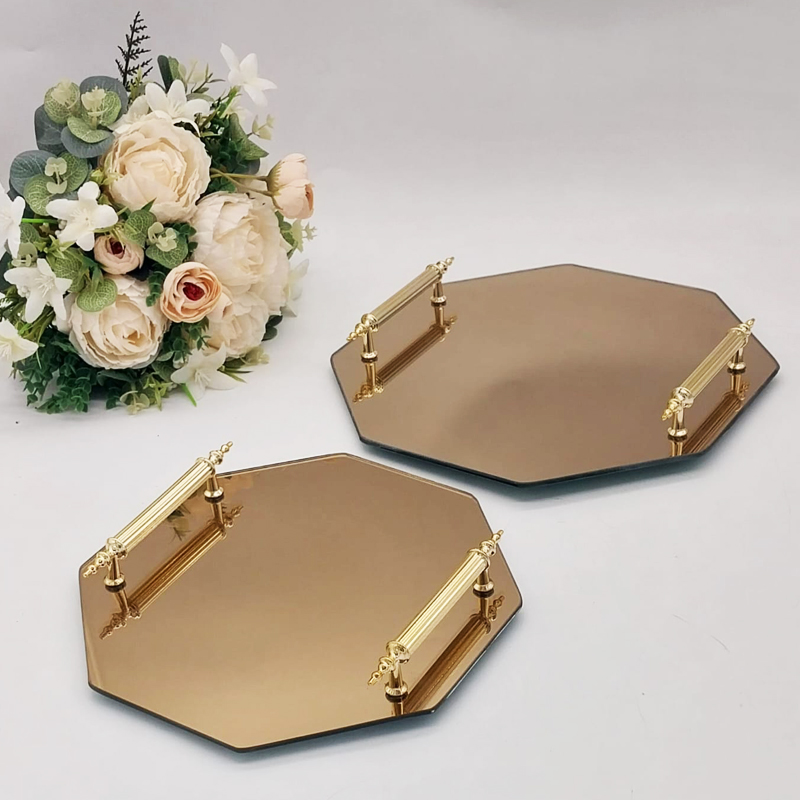 SET 2 PIECES PLATEAUX OCTOGONAL VERRE AVEC POIGNEE OR MODELE OR 25 CM - 30 CM 