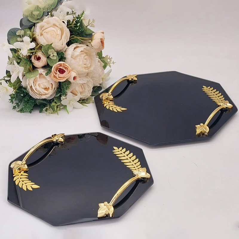 SET 2 PIECES PLATEAUX OCTOGONAL VERRE MODELE FEUILLE AVEC POIGNEE OR MODELE NOIR 25 CM - 30 CM 