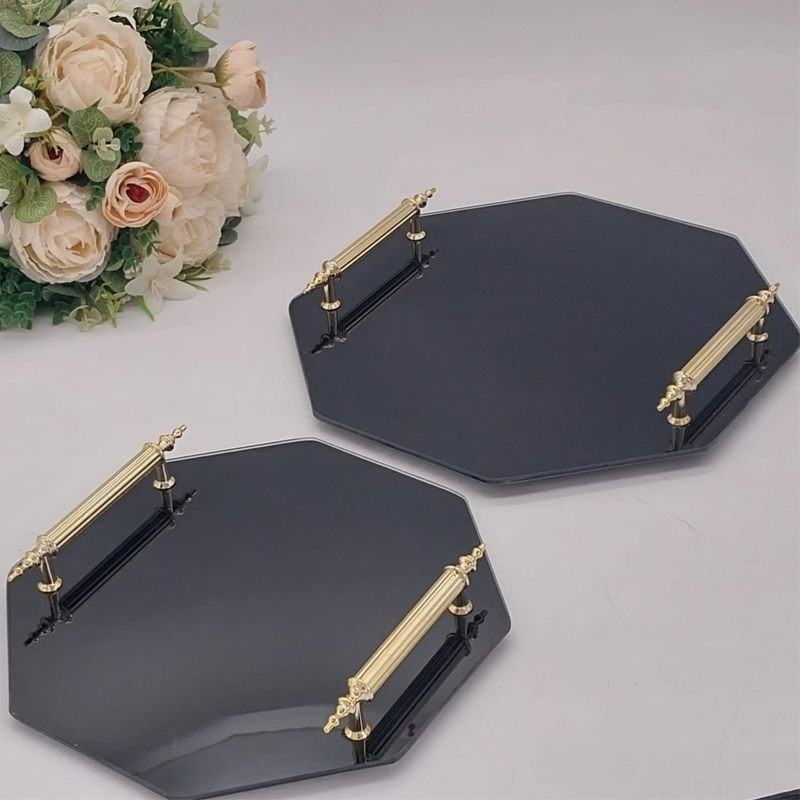 SET 2 PIECES PLATEAUX OCTOGONAL VERRE AVEC POIGNEE OR MODELE NOIR 25 CM - 30 CM 