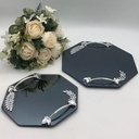SET 2 PIECES PLATEAUX OCTOGONAL VERRE MODELE FEUILLE AVEC POIGNEE ARGENT MODELE NOIR 25 CM - 30 CM 
