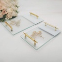 SET 2 PLATEAUX DECO RECTANGULAIRE VERRE TRANSPARENT ET POIGNEE OR MODELE FEUILLE 34-23 CM X 27-17 CM