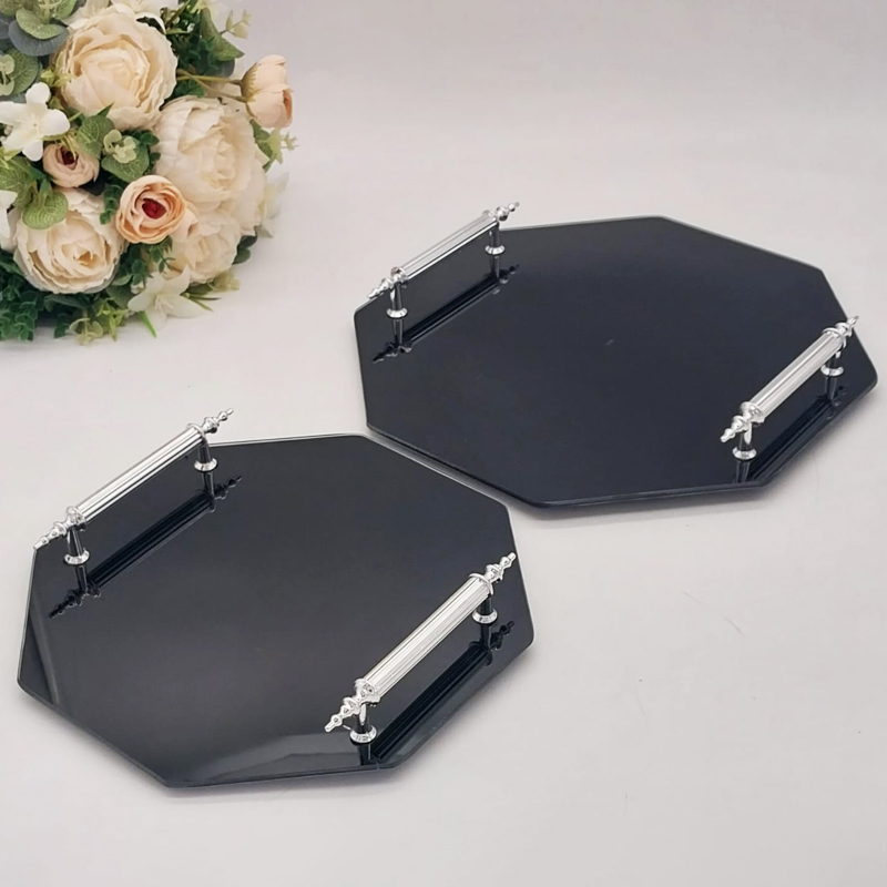 SET 2 PIECES PLATEAUX OCTOGONAL VERRE AVEC POIGNEE ARGENT MODELE NOIR 25 CM - 30 CM 