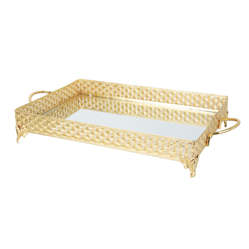 PLATEAU DECO METAL RECTANGULAIRE MODELE OR 37X26X8 CM