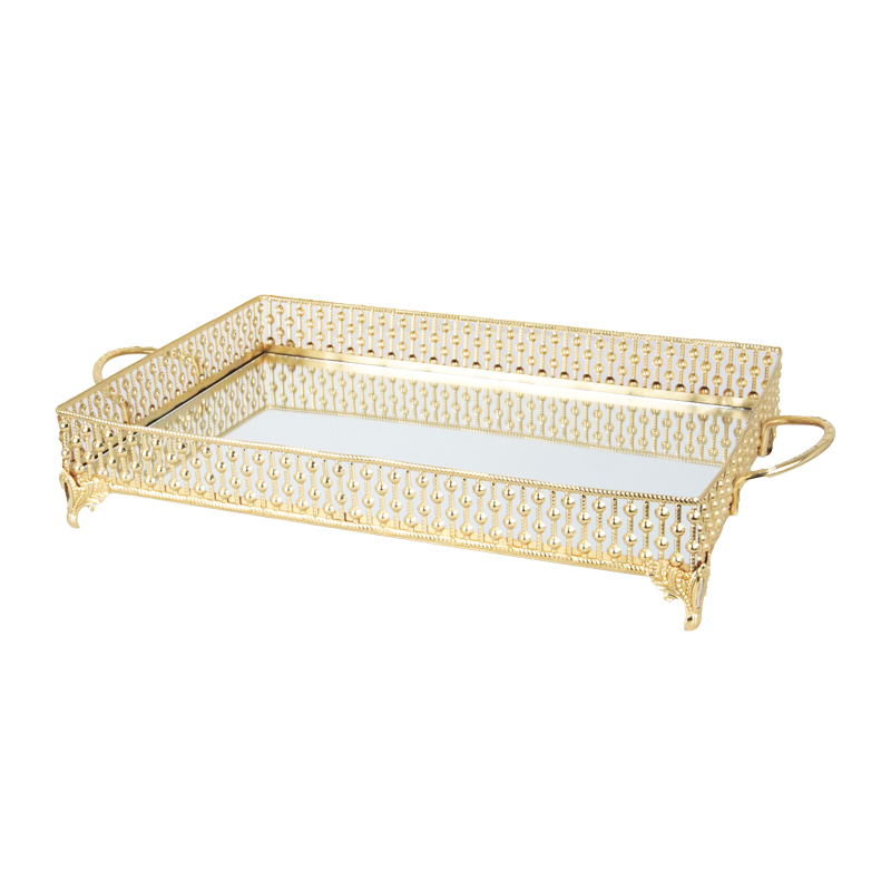 PLATEAU DECO METAL RECTANGULAIRE MODELE OR 37X26X8 CM