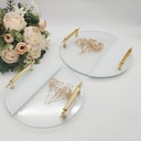 SET 2 PLATEAUX DECO ROND VERRE TRANSPARENT ET BLANC AVEC POIGNEE OR MODELE FEUILLE 25 CM - 30 CM