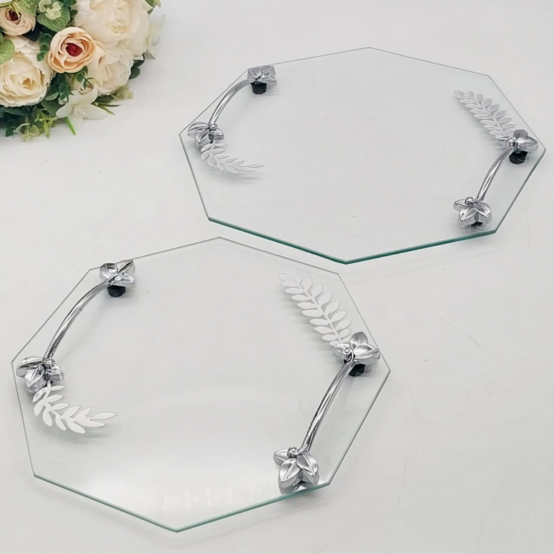 SET 2 PIECES PLATEAUX OCTOGONAL VERRE AVEC POIGNEE ARGENT MODELE TRANSPARENT 25 CM - 30 CM 