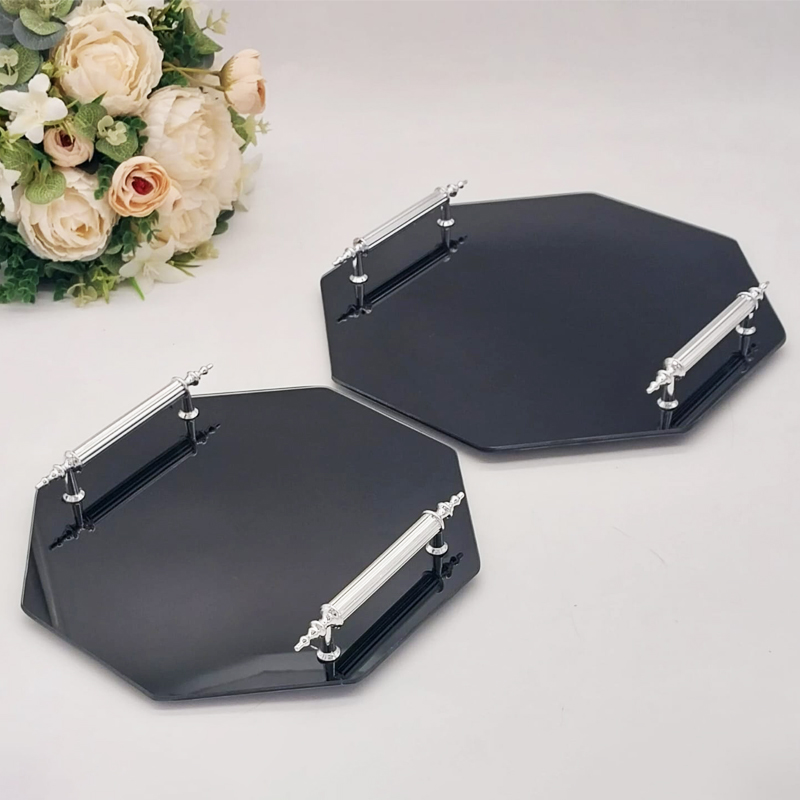 SET 2 PIECES PLATEAUX OCTOGONAL VERRE AVEC POIGNEE ARGENT MODELE NOIR 25 CM - 30 CM 