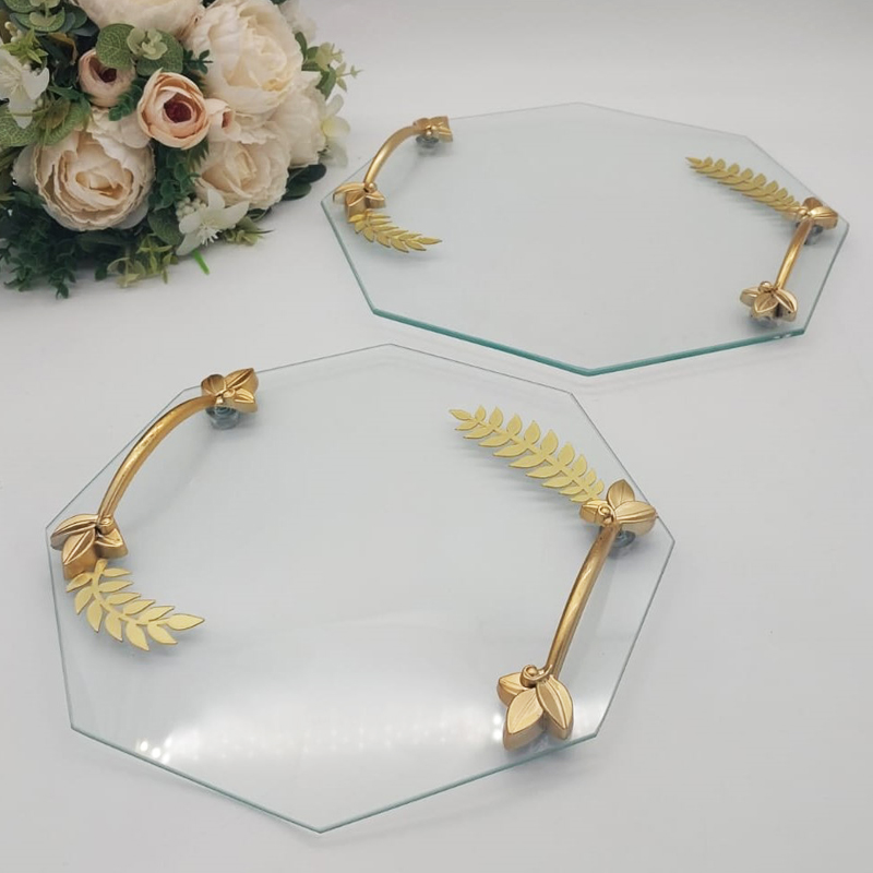 SET 2 PIECES PLATEAUX OCTOGONAL VERRE AVEC FEUILLE ET POIGNEE OR MODELE TRANSPARENT 25 CM - 30 CM 