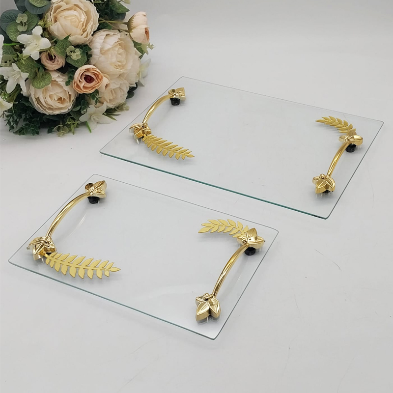 SET 2 PIECES PLATEAUX RECTANGULAIRE VERRE AVEC FEUILLE ET POIGNEE OR MODELE TRANSPARENT 34-23 CM X 27-17 CM