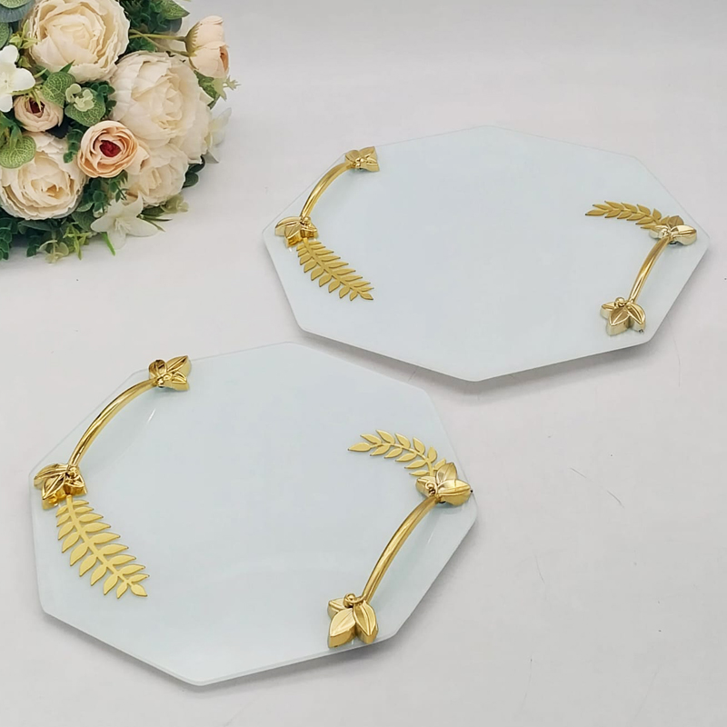 SET 2 PIECES PLATEAUX OCTOGONAL VERRE AVEC FEUILLE ET POIGNEE OR MODELE BLANC 25 CM - 30 CM 