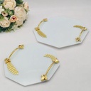 SET 2 PIECES PLATEAUX OCTOGONAL VERRE AVEC FEUILLE ET POIGNEE OR MODELE BLANC 25 CM - 30 CM 