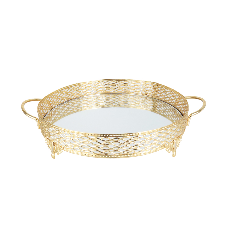 PLATEAU DECO METAL ROND AVEC POIGNEE 30 CM MODELE OR 