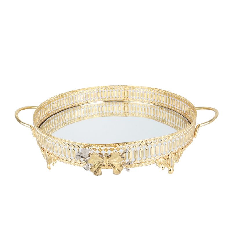 PLATEAU DECO METAL ROND AVEC POIGNEE 30 CM MODELE OR 