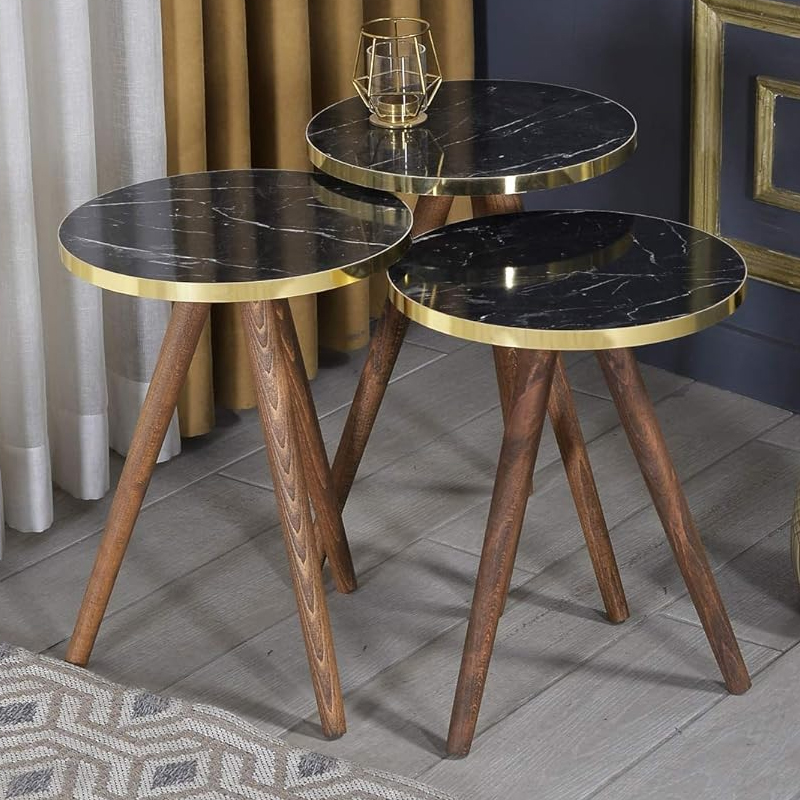 SET 3 TABLES DIAMETRES 33 CM PIEDS BOIS COULEUR MARBRE NOIR. HAUTEUR 48/51/54 CM 