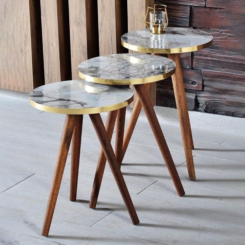 SET 3 TABLES DIAMETRES 33 CM PIEDS BOIS COULEUR MARBRE BLANC. HAUTEUR 48/51/54 CM 